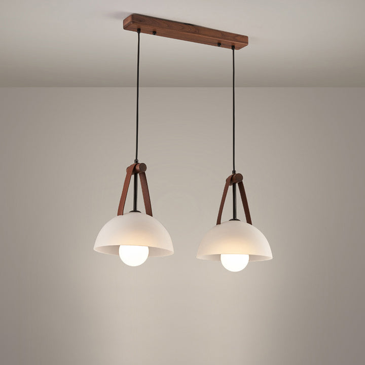 Pantalla de lámpara de vidrio semicircular nórdica contemporánea de cúpula de nogal cobre cuero 1/2/3 - Lámpara de araña para comedor 