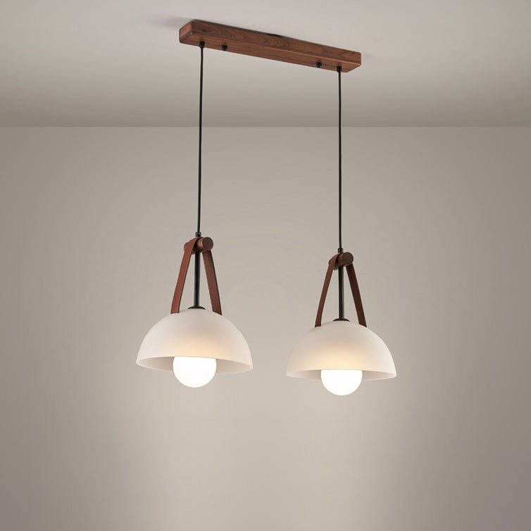 Contemporary Nordic Dome Semicircle Glass Lampshade Walnut Copper Leather 1/2/3 - Light Chandelier For Dining Room