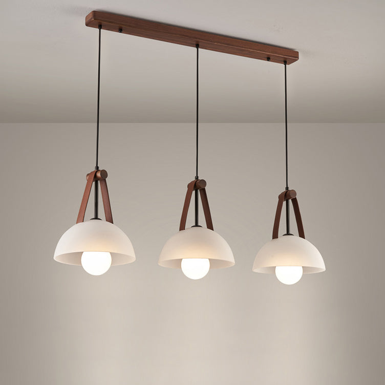 Contemporary Nordic Dome Semicircle Glass Lampshade Walnut Copper Leather 1/2/3 - Light Chandelier For Dining Room