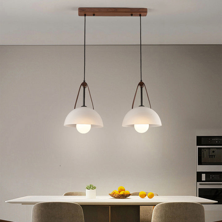 Contemporary Nordic Dome Semicircle Glass Lampshade Walnut Copper Synthetic Leather 1/2/3 - Light Chandelier For Dining Room