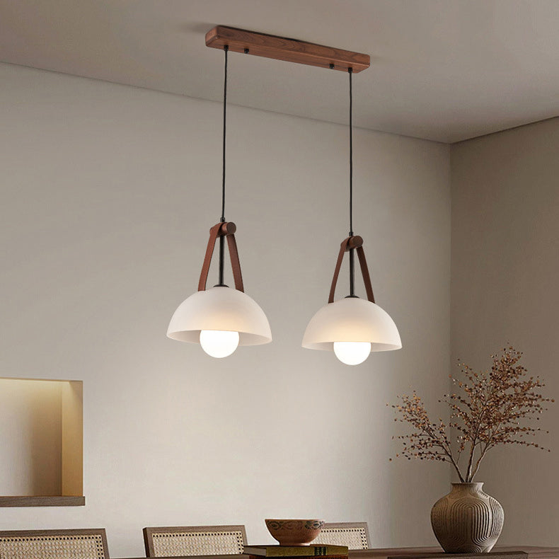 Pantalla de lámpara de vidrio semicircular nórdica contemporánea de cúpula de nogal cobre cuero 1/2/3 - Lámpara de araña para comedor 