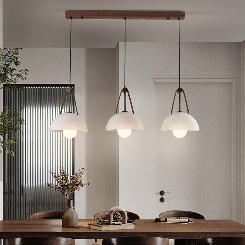 Contemporary Nordic Dome Semicircle Glass Lampshade Walnut Copper Leather 1/2/3 - Light Chandelier For Dining Room