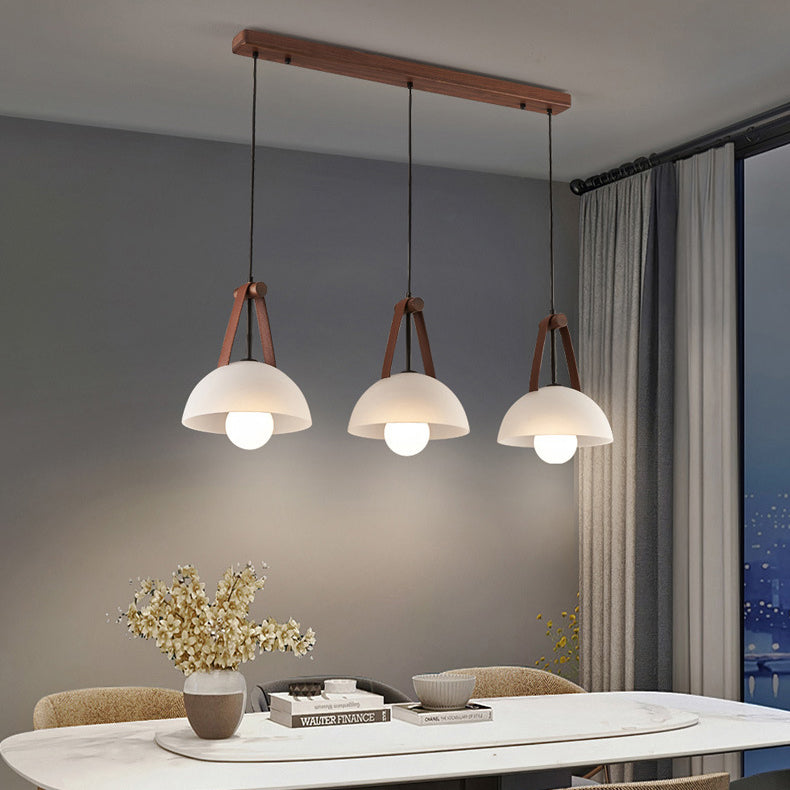 Contemporary Nordic Dome Semicircle Glass Lampshade Walnut Copper Leather 1/2/3 - Light Chandelier For Dining Room