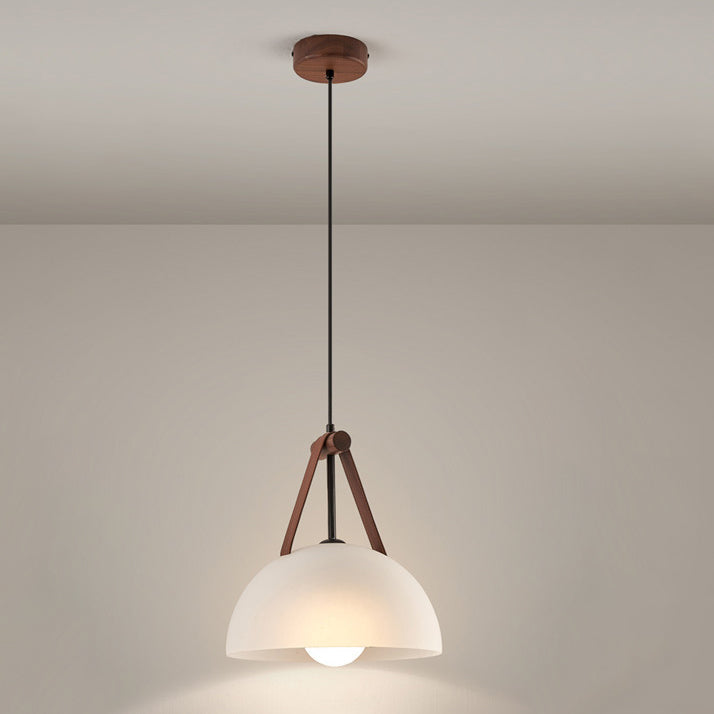 Contemporary Nordic Dome Semicircle Glass Lampshade Walnut Copper Leather 1/2/3 - Light Chandelier For Dining Room