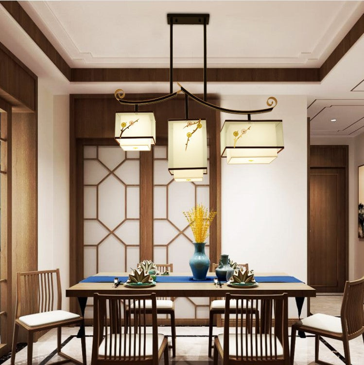 Traditional Chinese Square Cube Pattern Fabric Lampshade Iron 3 - Light Chandelier For Dining Room