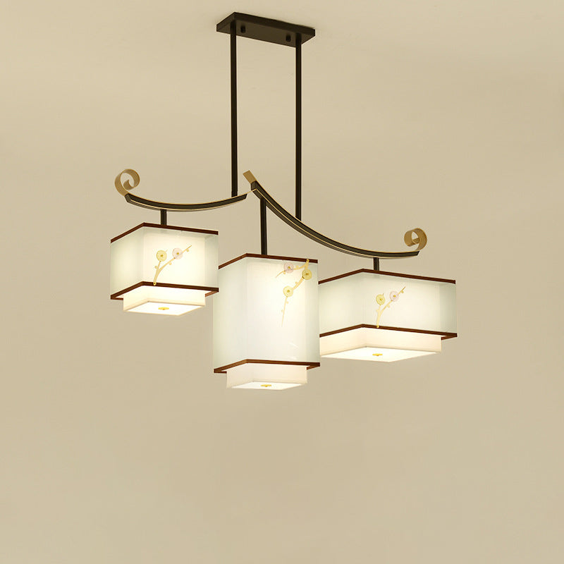 Traditional Chinese Square Cube Pattern Fabric Lampshade Iron 3 - Light Chandelier For Dining Room