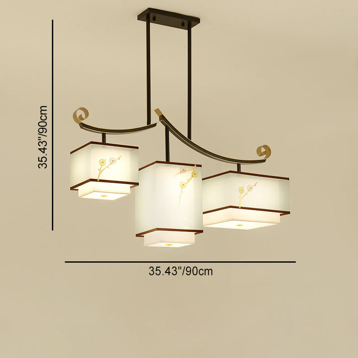 Traditional Chinese Square Cube Pattern Fabric Lampshade Iron 3 - Light Chandelier For Dining Room