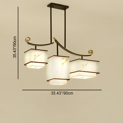 Traditional Chinese Square Cube Pattern Fabric Lampshade Iron 3 - Light Chandelier For Dining Room