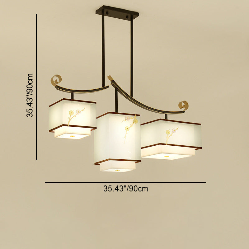Traditional Chinese Square Cube Pattern Fabric Lampshade Iron 3 - Light Chandelier For Dining Room