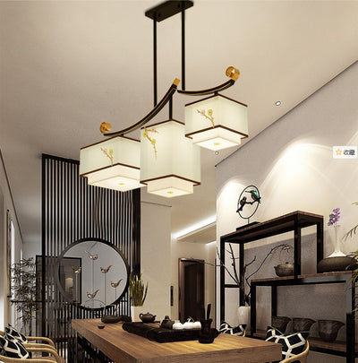 Traditional Chinese Square Cube Pattern Fabric Lampshade Iron 3 - Light Chandelier For Dining Room