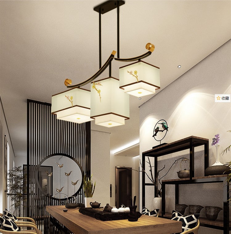 Traditional Chinese Square Cube Pattern Fabric Lampshade Iron 3 - Light Chandelier For Dining Room