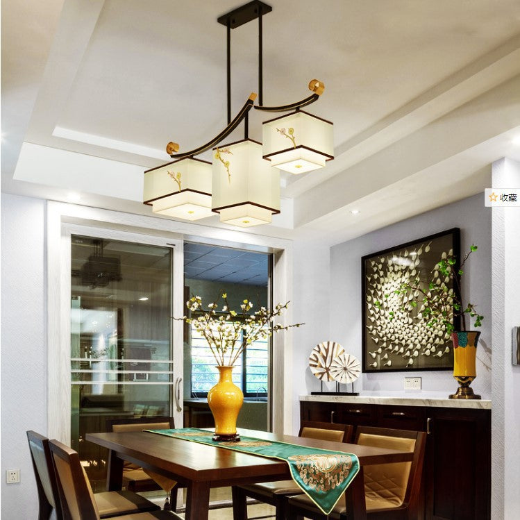 Traditional Chinese Square Cube Pattern Fabric Lampshade Iron 3 - Light Chandelier For Dining Room