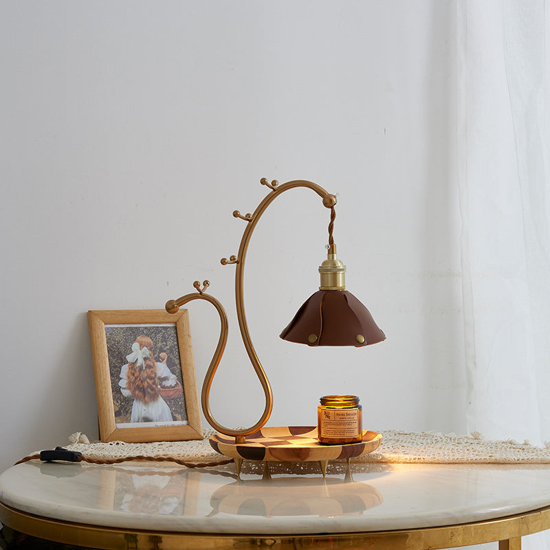 Contemporary Creative Round Rectangle Walnut Base Cone Leather Lampshade Copper 1 - Light Melting Wax Table Lamp For Bedroom