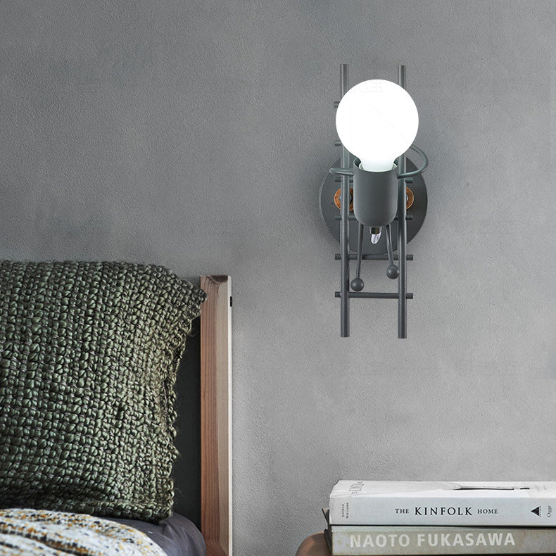 Contemporary Creative Little Man Climbing Stairs Iron Rubber Wood Lampshade 1 - Light Wall Sconce Lamp For Living Room