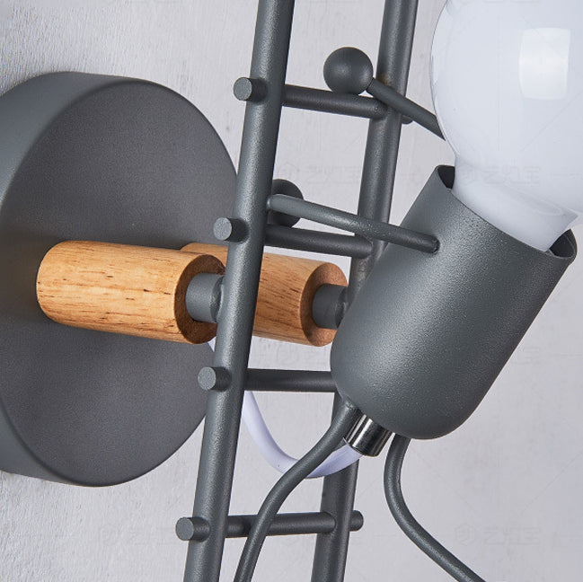 Contemporary Creative Little Man Climbing Stairs Iron Rubber Wood Lampshade 1 - Light Wall Sconce Lamp For Living Room