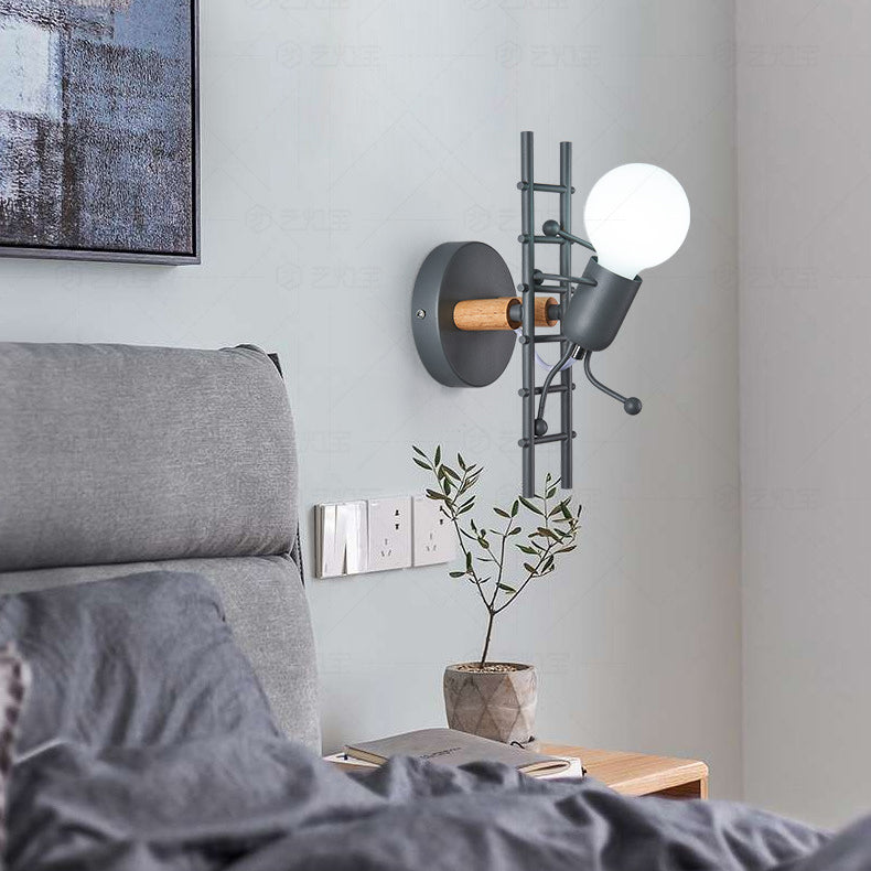 Contemporary Creative Little Man Climbing Stairs Iron Rubber Wood Lampshade 1 - Light Wall Sconce Lamp For Living Room