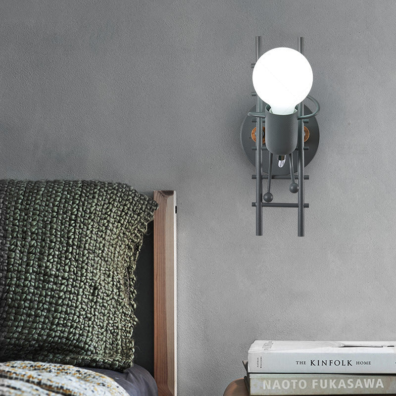 Contemporary Creative Little Man Climbing Stairs Iron Rubber Wood Lampshade 1 - Light Wall Sconce Lamp For Living Room