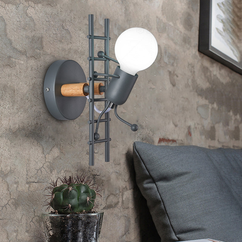 Contemporary Creative Little Man Climbing Stairs Iron Rubber Wood Lampshade 1 - Light Wall Sconce Lamp For Living Room