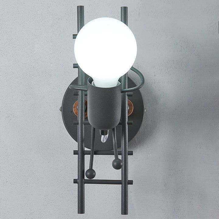 Contemporary Creative Little Man Climbing Stairs Iron Rubber Wood Lampshade 1 - Light Wall Sconce Lamp For Living Room