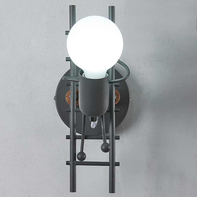 Contemporary Creative Little Man Climbing Stairs Iron Rubber Wood Lampshade 1 - Light Wall Sconce Lamp For Living Room