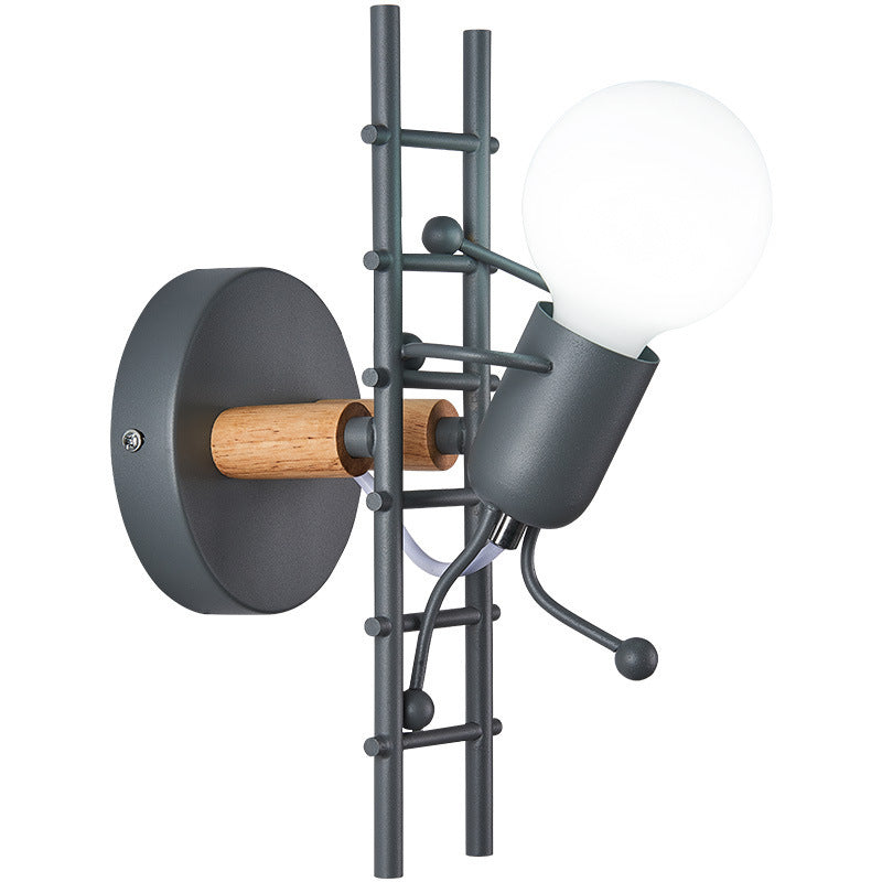 Contemporary Creative Little Man Climbing Stairs Iron Rubber Wood Lampshade 1 - Light Wall Sconce Lamp For Living Room