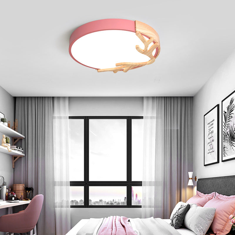 Contemporary Nordic Round Deer Iron Acrylic Lampshade LED Flush Mount Ceiling Light For Bedroom