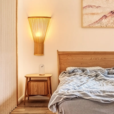 Traditional Japanese Vertical Broom Shape Bamboo Lampshade 1 - Light Wall Sconce Lamp For Bedroom