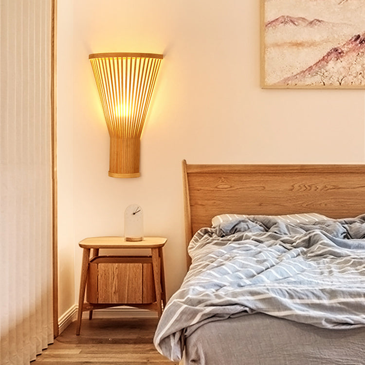 Traditional Japanese Vertical Broom Shape Bamboo Lampshade 1 - Light Wall Sconce Lamp For Bedroom