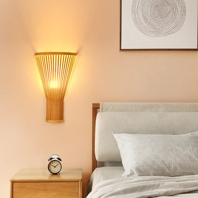 Traditional Japanese Vertical Broom Shape Bamboo Lampshade 1 - Light Wall Sconce Lamp For Bedroom