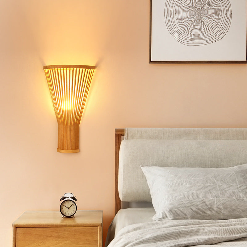Traditional Japanese Vertical Broom Shape Bamboo Lampshade 1 - Light Wall Sconce Lamp For Bedroom