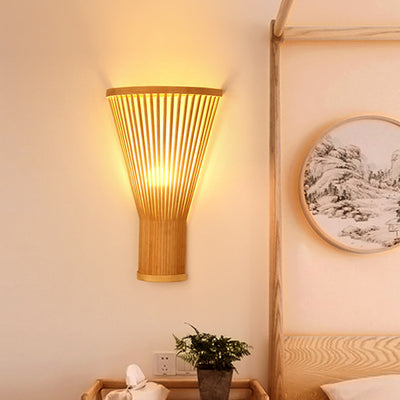Traditional Japanese Vertical Broom Shape Bamboo Lampshade 1 - Light Wall Sconce Lamp For Bedroom