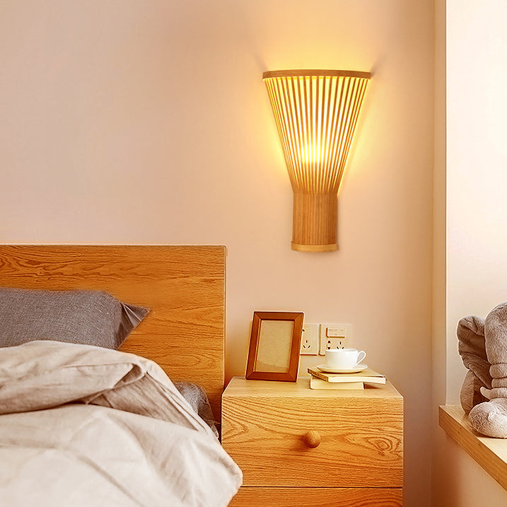 Traditional Japanese Vertical Broom Shape Bamboo Lampshade 1 - Light Wall Sconce Lamp For Bedroom