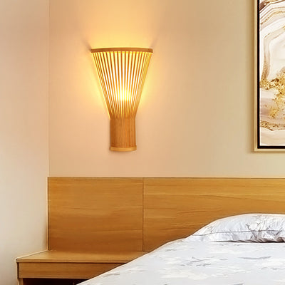 Traditional Japanese Vertical Broom Shape Bamboo Lampshade 1 - Light Wall Sconce Lamp For Bedroom