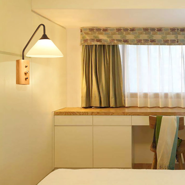 Traditional Japanese Cone Glass Lampshade Solid Wood Iron 1 - Light Wall Sconce Lamp For Bedroom