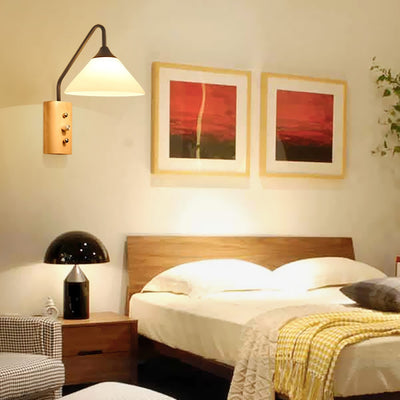 Traditional Japanese Cone Glass Lampshade Solid Wood Iron 1 - Light Wall Sconce Lamp For Bedroom