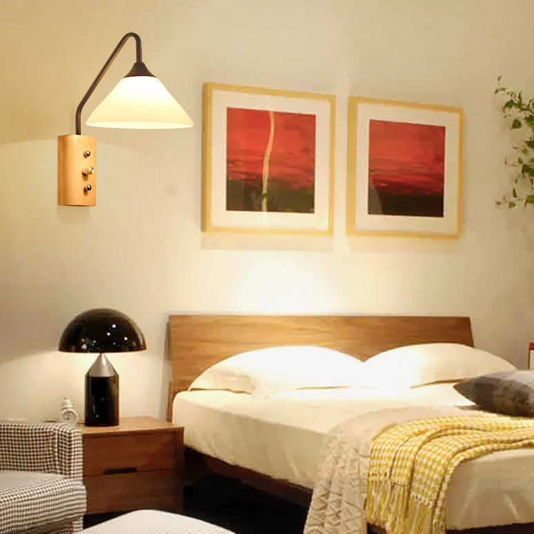Traditional Japanese Cone Glass Lampshade Solid Wood Iron 1 - Light Wall Sconce Lamp For Bedroom