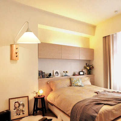 Traditional Japanese Cone Glass Lampshade Solid Wood Iron 1 - Light Wall Sconce Lamp For Bedroom