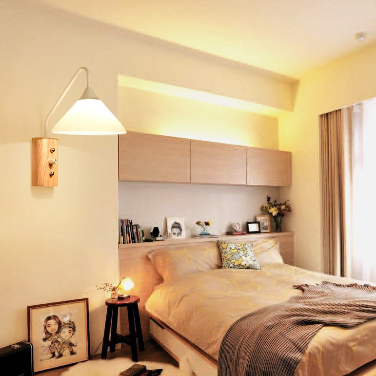 Traditional Japanese Cone Glass Lampshade Solid Wood Iron 1 - Light Wall Sconce Lamp For Bedroom