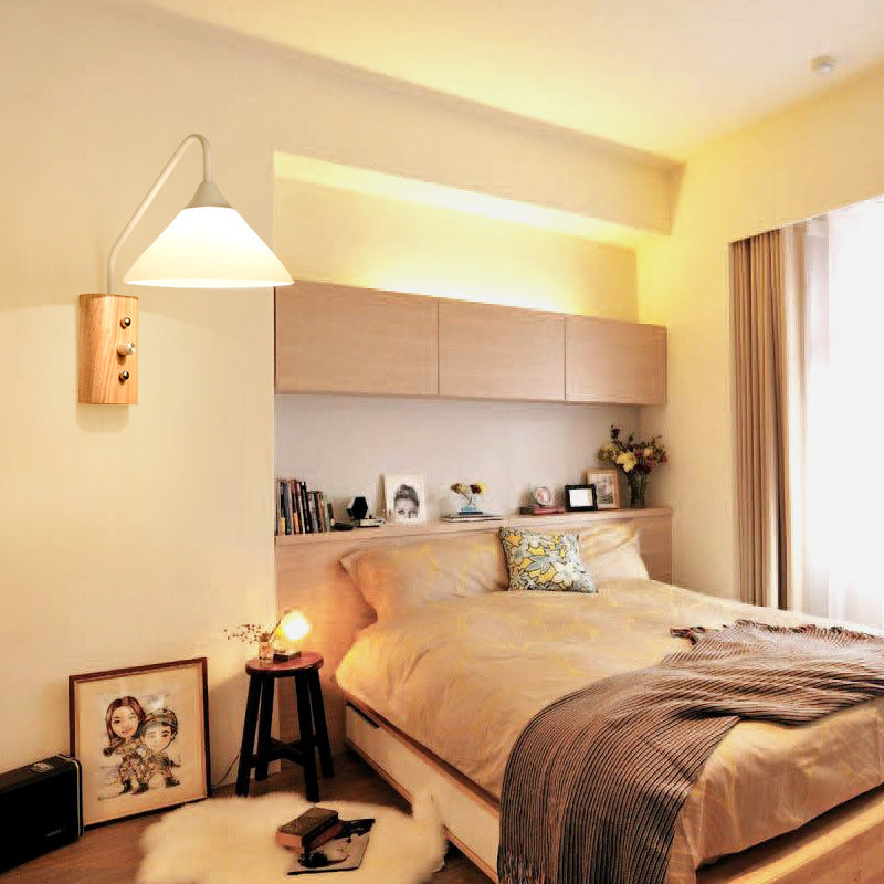 Traditional Japanese Cone Glass Lampshade Solid Wood Iron 1 - Light Wall Sconce Lamp For Bedroom