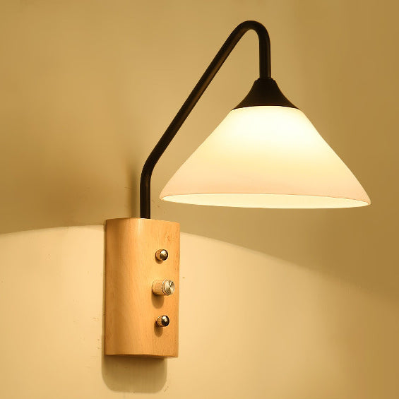 Traditional Japanese Cone Glass Lampshade Solid Wood Iron 1 - Light Wall Sconce Lamp For Bedroom