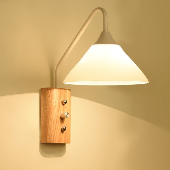 Traditional Japanese Cone Glass Lampshade Solid Wood Iron 1 - Light Wall Sconce Lamp For Bedroom