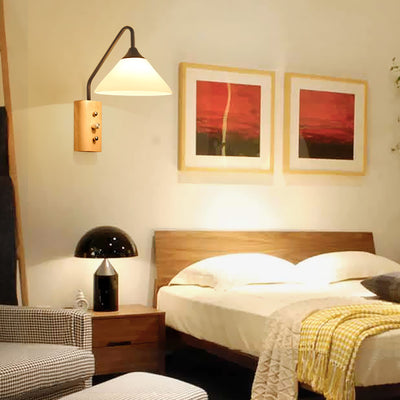 Traditional Japanese Cone Glass Lampshade Solid Wood Iron 1 - Light Wall Sconce Lamp For Bedroom