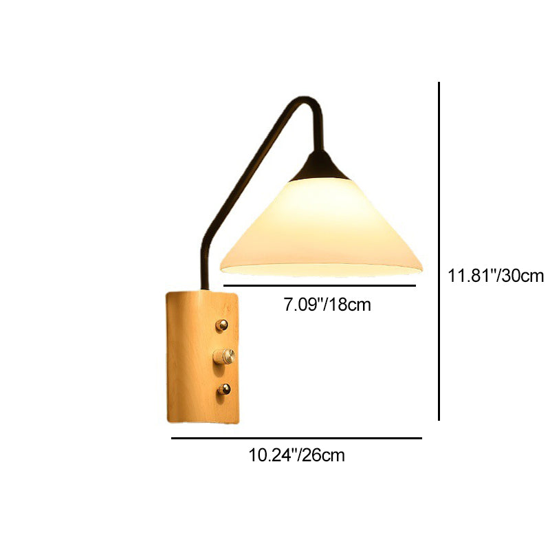 Traditional Japanese Cone Glass Lampshade Solid Wood Iron 1 - Light Wall Sconce Lamp For Bedroom