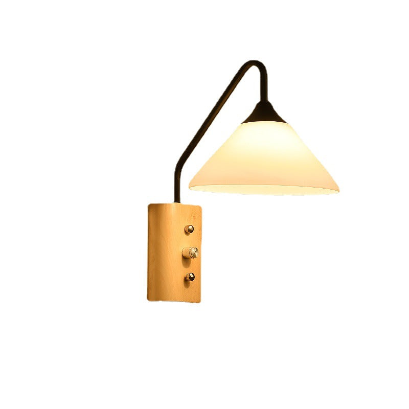 Traditional Japanese Cone Glass Lampshade Solid Wood Iron 1 - Light Wall Sconce Lamp For Bedroom