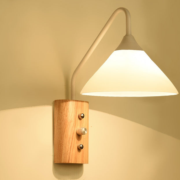 Traditional Japanese Cone Glass Lampshade Solid Wood Iron 1 - Light Wall Sconce Lamp For Bedroom