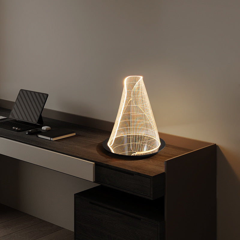 Moderne Art Deco Kegelförmige Acryl-Lampenschirm Edelstahlbasis LED-Tischlampe für Wohnzimmer 