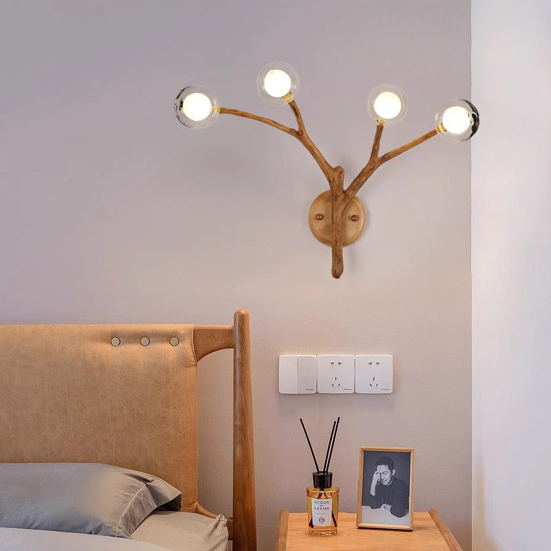 Traditional Japanese Branches Polymer Glass Lampshade 4 - Light Wall Sconce Lamp For Bedroom
