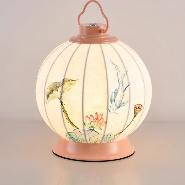 Pantalla de lámpara portátil de imitación de seda con pintura de bola redonda china tradicional Hardware 1 - Lámpara de mesa para sala de estar 