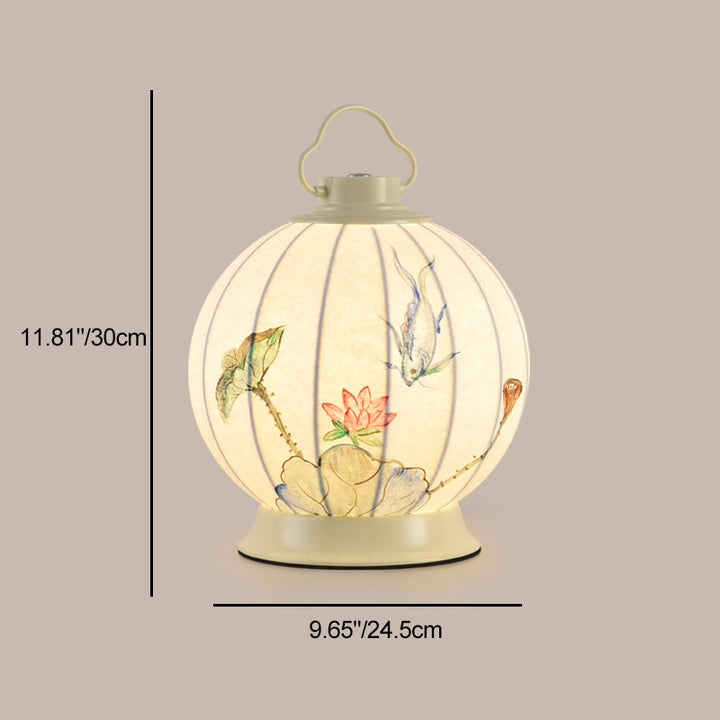 Pantalla de lámpara portátil de imitación de seda con pintura de bola redonda china tradicional Hardware 1 - Lámpara de mesa para sala de estar 