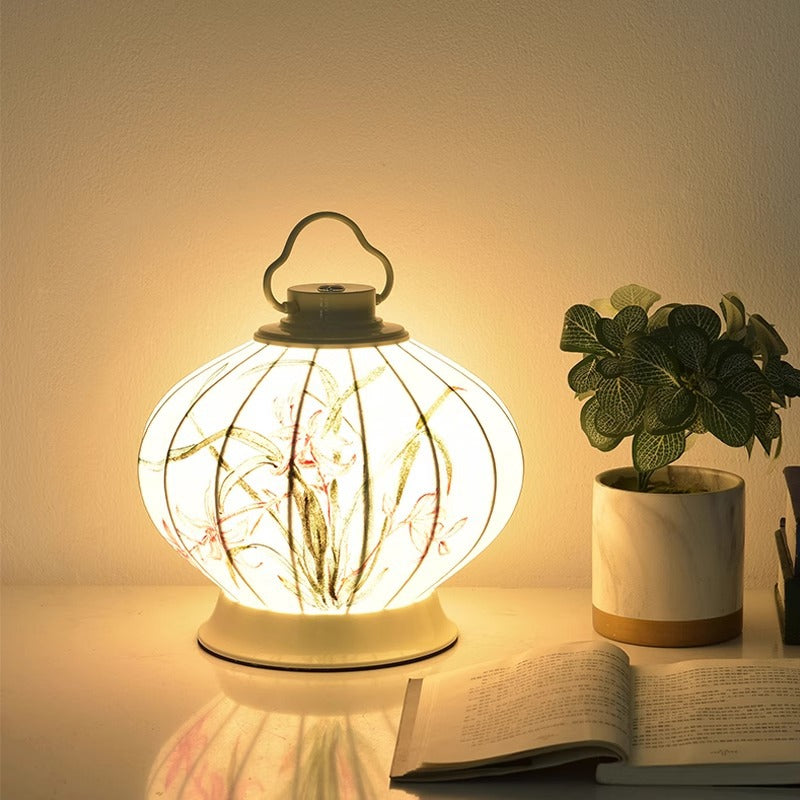Pantalla de lámpara portátil de imitación de seda con pintura de bola redonda china tradicional Hardware 1 - Lámpara de mesa para sala de estar 